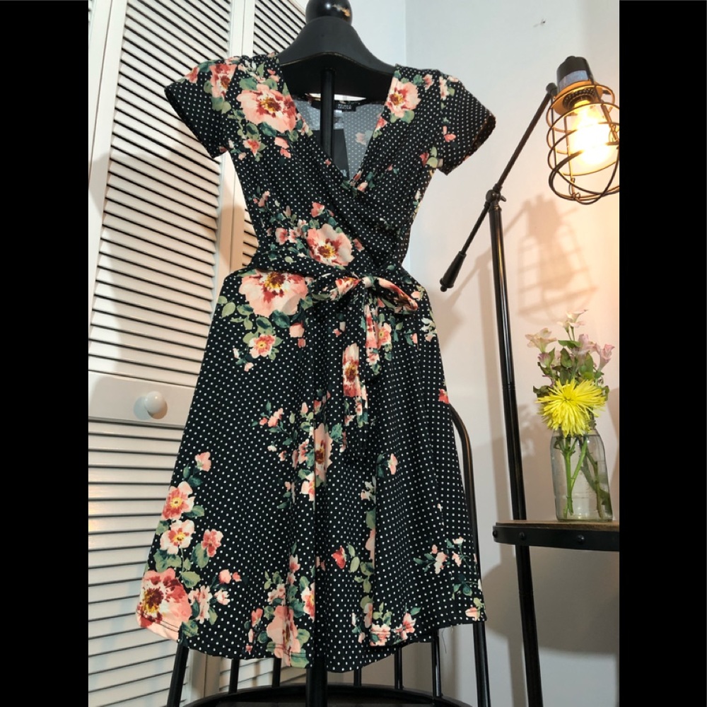 Roses & Dots black faux wrap dress